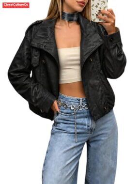 Oversized Faux Leather Cropped Double Breasted Jacket Vegan PU Moto